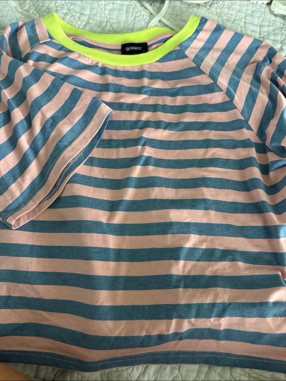 Striped Short-Sleeve Tee in Blue and Pink with Neon Yellow Neckline